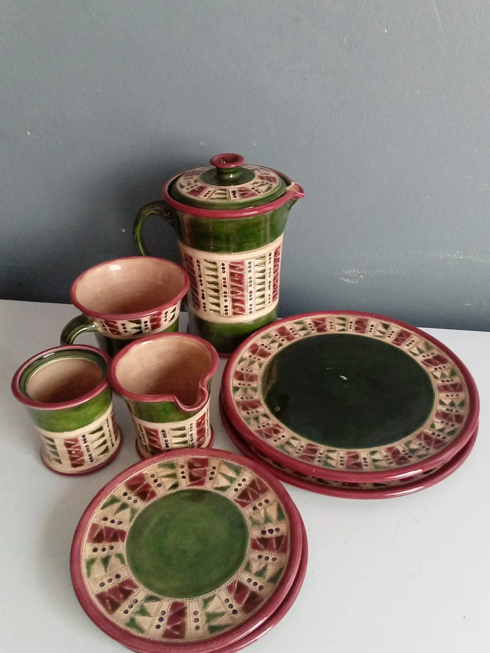 Handmade Studio Pottery Set Green Burgundy Geometric Pitcher Plates Mugs 9pc